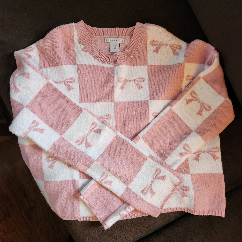 Sincerely Jules Pink and White Bow Sweater